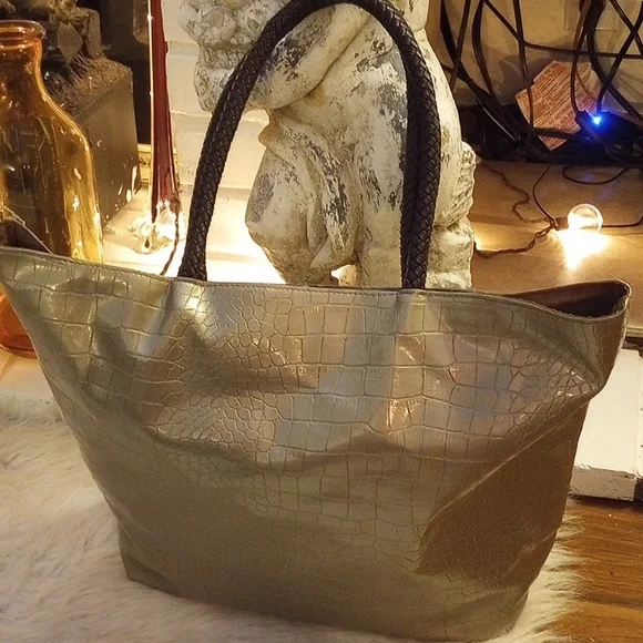 Large Saks Fifth Avenue Tote. Croc embossed. Brass tone. Braided brown straps. - Picture 1 of 11